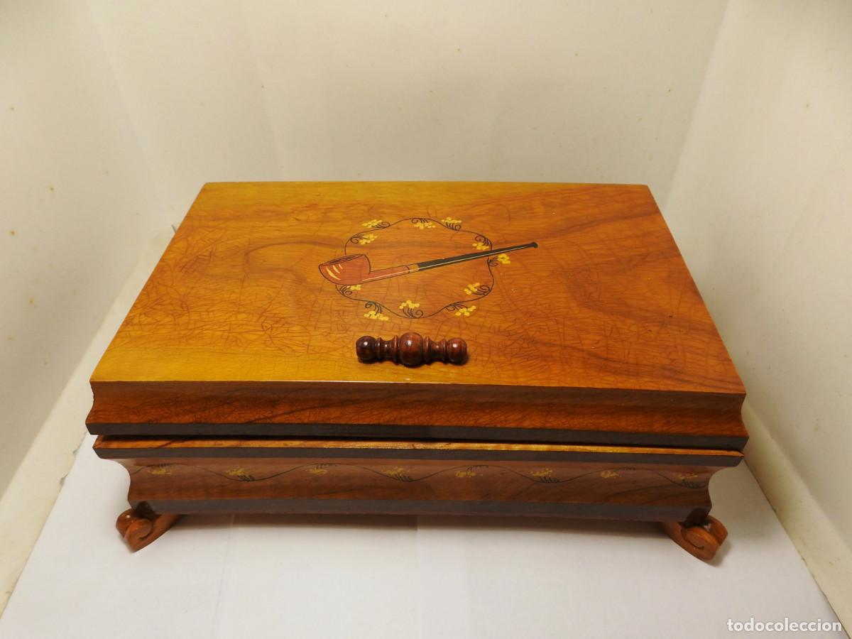 Coleccionismo: Caja tabaquera para pipas y tabaco, mecanismo musical Reuge, musical movement