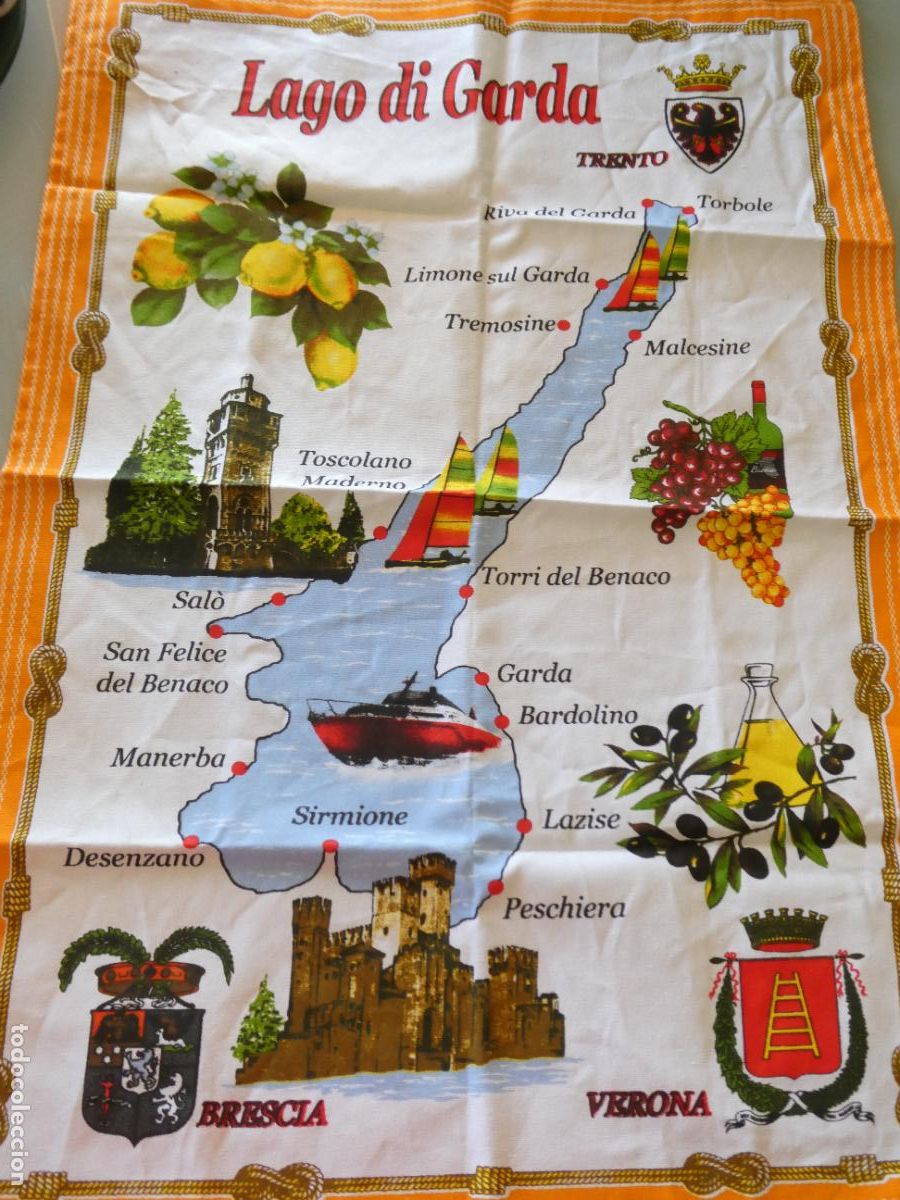 Coleccionismo: PA&Ntilde;O DE COCINA TURISMO SOUVENIR RECUERDO DEL LAGO DE COMO, SIRMIONE, ITALIA. 79X52CM 100GR