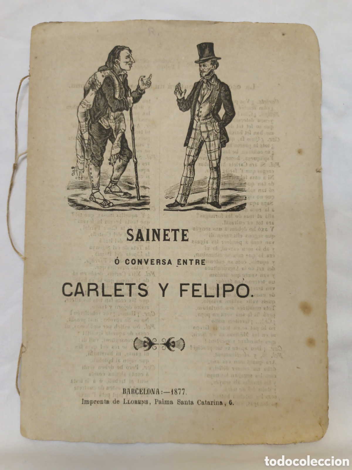 Coleccionismo: PLIEGO DE CORDEL - ROMANCE - SAINETE &Oacute; CONVERSA ENTRE CARLETS YA FELIPO - A&Ntilde;O 1877 - 15.50 X 22 CM