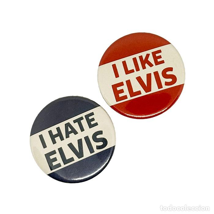 Coleccionismo: DUO CHAPAS I LOVE ELVIS I HATE ELVIS 3.8 CMS. DIAMETRO APROX. NUEVAS SIN USO