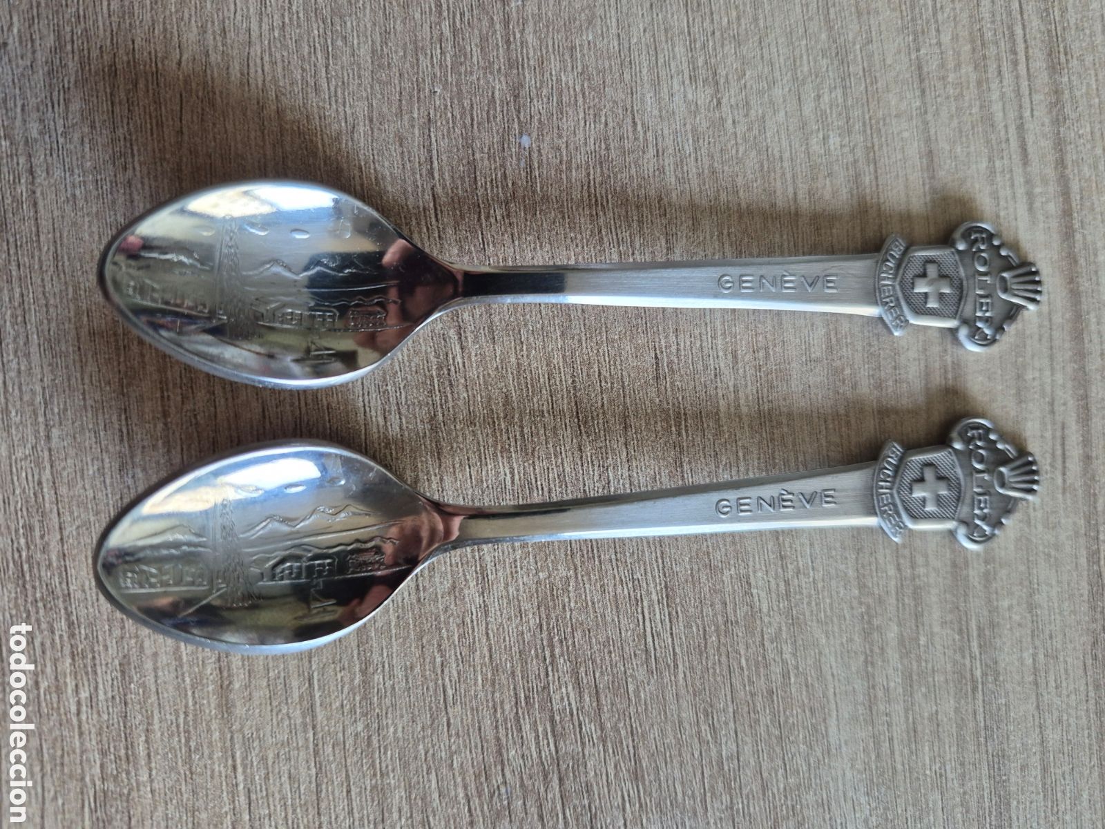 Collectionnisme: DOS CUCHARILLAS - ROLEX - GENEVE - GINEBRA - PLATEADA - 11 cm. - RECUERDO - SUIZA - Peque&ntilde;a Cuchara