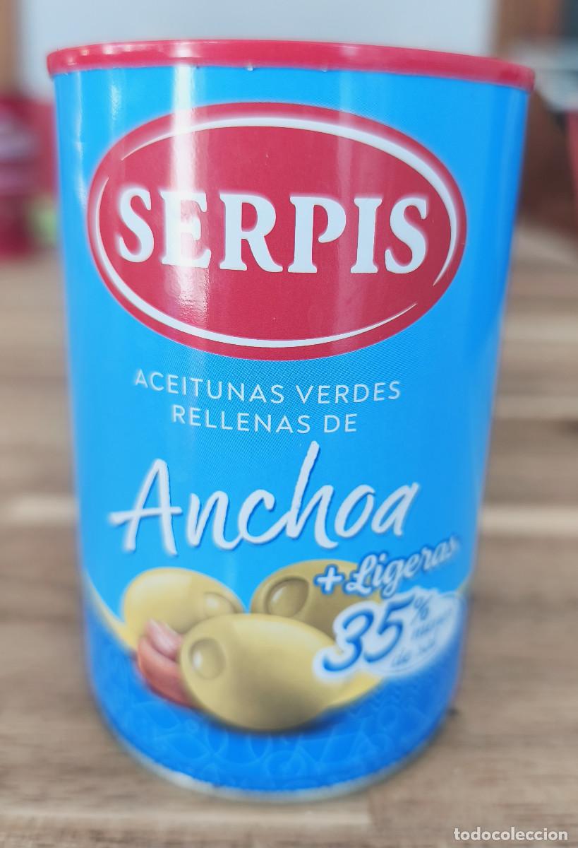 Coleccionismo: LATA VACIA - ACEITUNAS VERDES RELLENAS DE ANCHOA - SERPIS Ligeras 35% menos de Sal