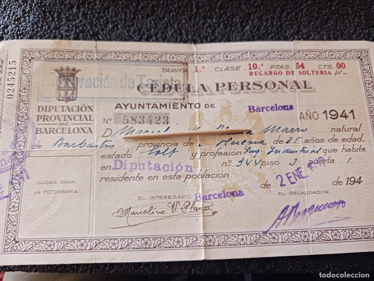 Coleccionismo: cedula personal, ayuntamiento de barcelona 1941, con recargo de solteria