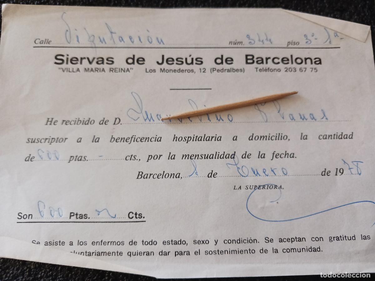 Coleccionismo: cuota mensual a las siervas de jesus de barcelona 1978
