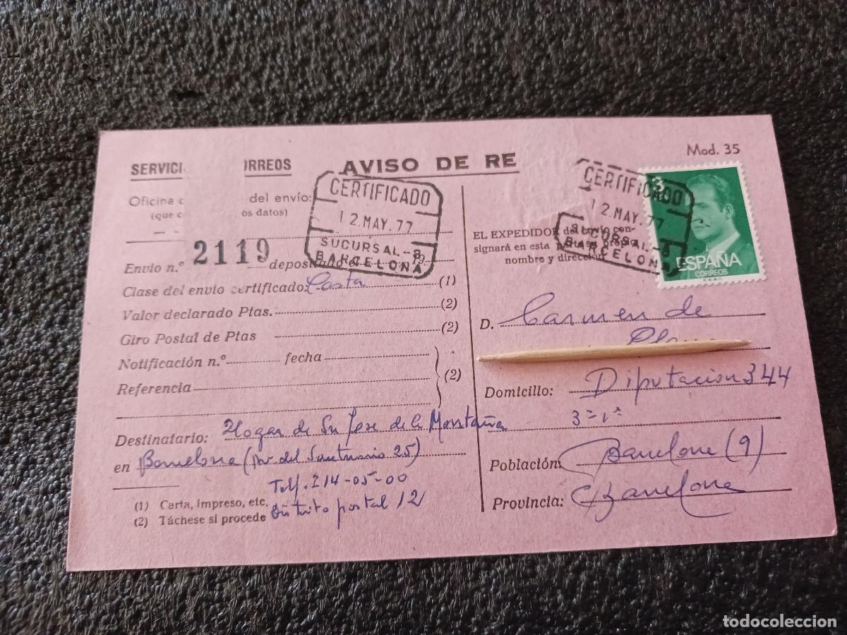 Coleccionismo: correos, aviso de recibo de certificado 1977