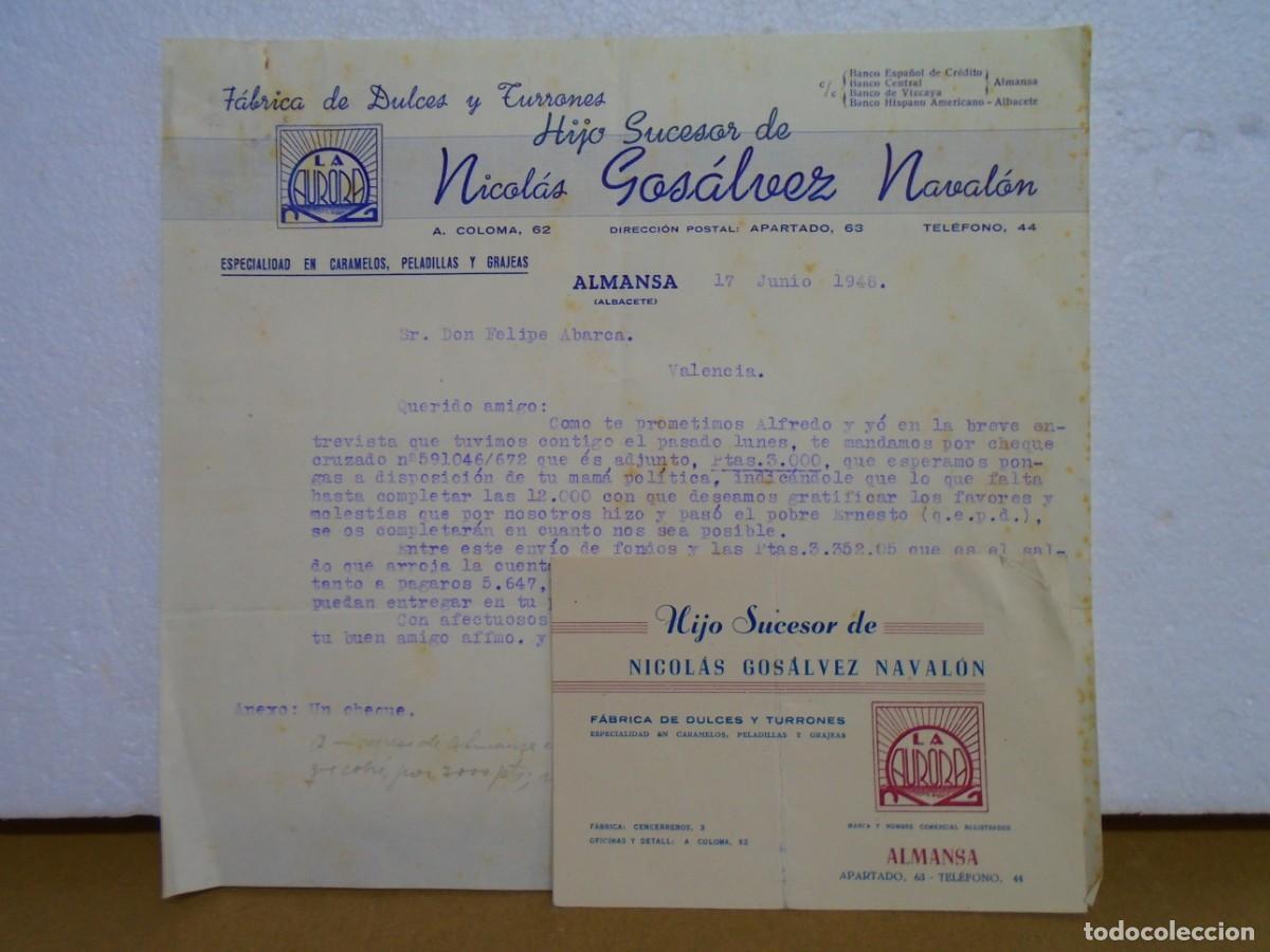 Colecionismo: ALMANSA(ALBACETE)FABRICA DE DULCES Y TURRONES.CARTA Y TARJETA COMERCIAL, 1948.