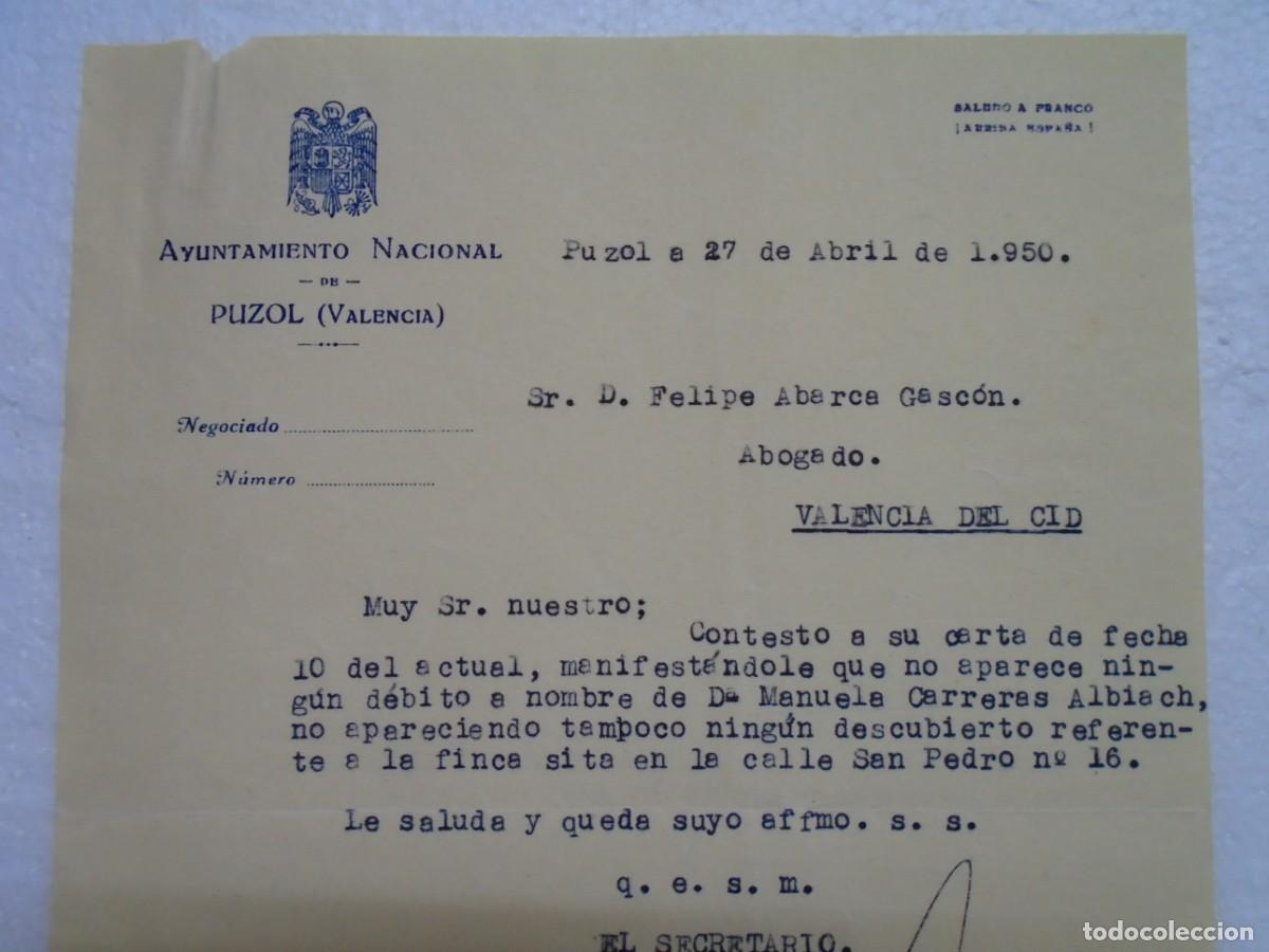 Colecionismo: PUZOL(VALENCIA)AYUNTAMIENTO NACIONAL.CARTA DEL 27/4/1950.
