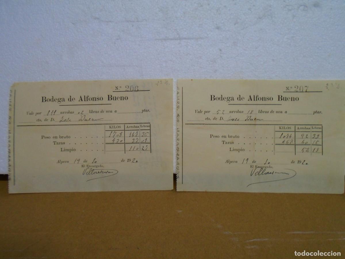 Colecionismo: ALPERA(ALBACETE)BODEGA DE ALFONSO BUENO.VALES(2) POR ARROBAS Y LIBRAS DE UVA,1920.