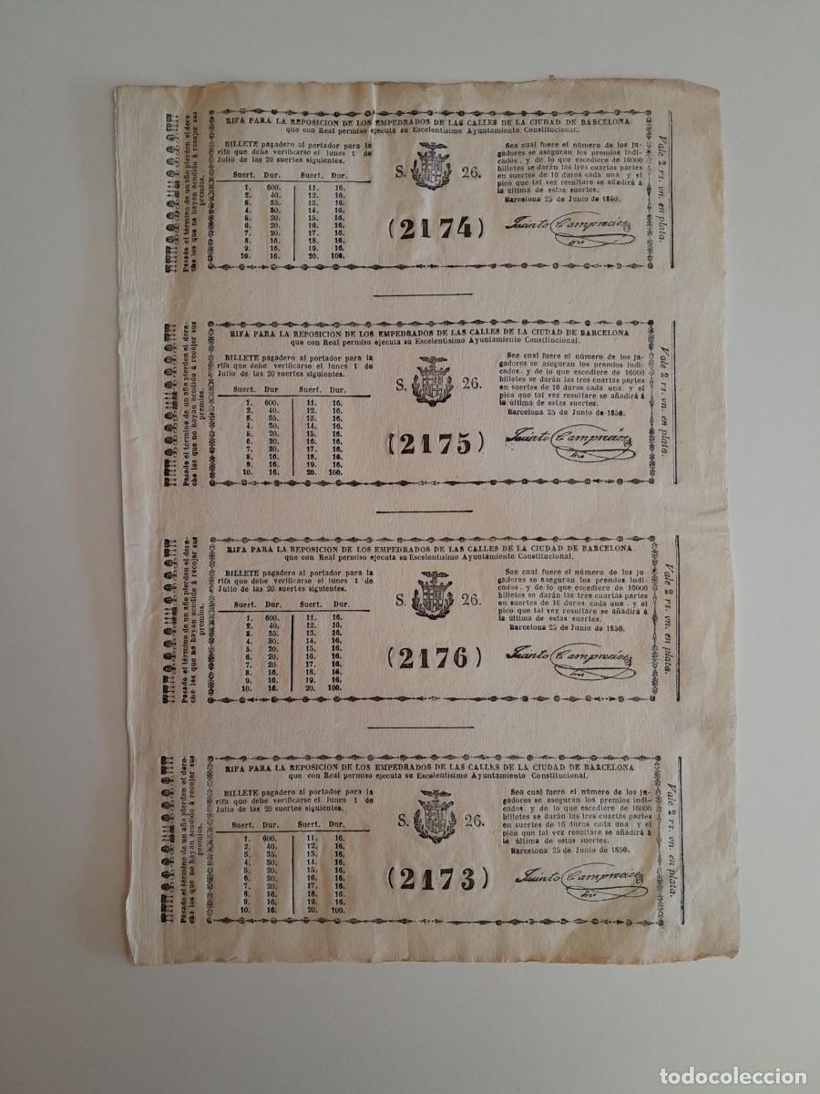Coleccionismo: 4 PARTICIPACIONES RIFA PARA LA REPOSICI&Oacute;N DEL EMPEDRADO DE LAS CALLES DE BARCELONA (1850)