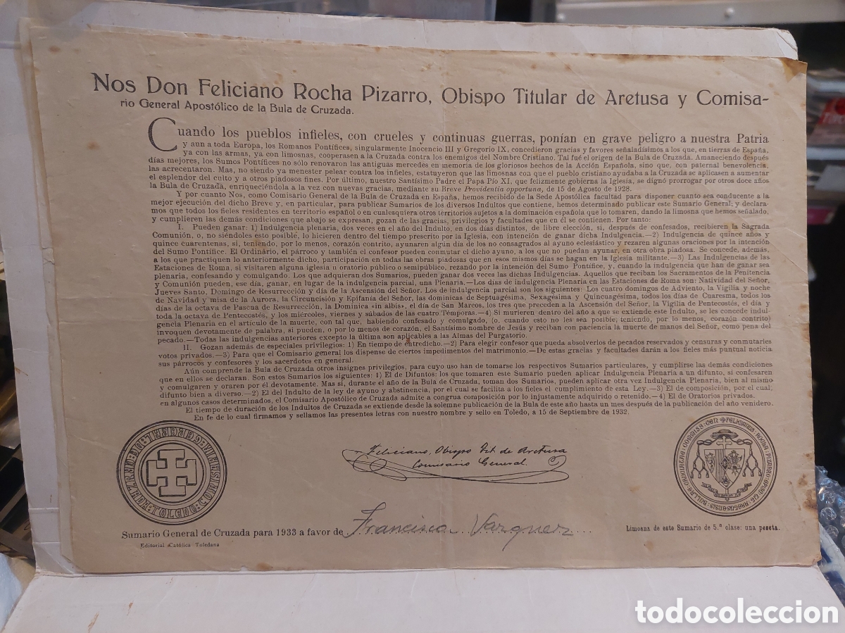 Collezionismo: 1933 BULA NOS DON FELICIANO ROCHA PIZARRO OBISPO DE ARETUSA Y COMISA