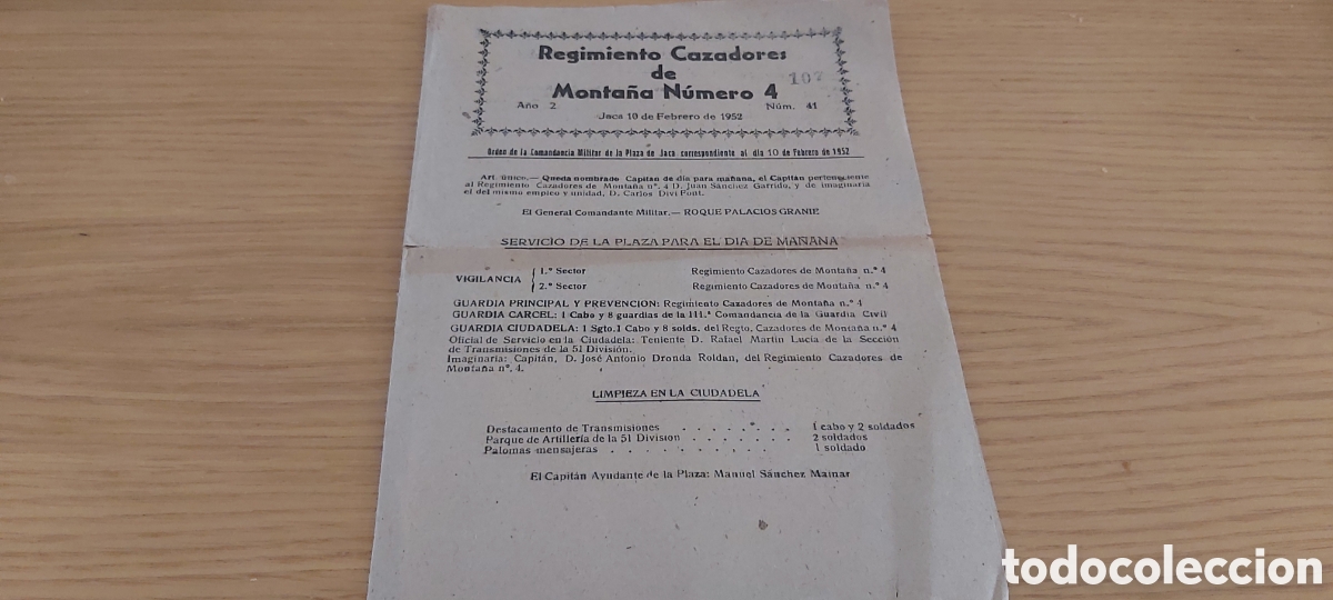 Coleccionismo: ORDEN REGIMIENTO CAZADORES DE MONTA&Ntilde;A N&deg;4. 1952