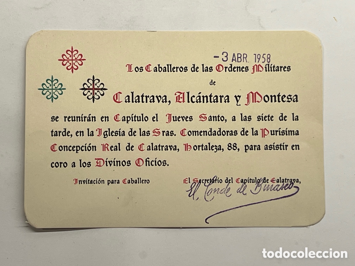 Coleccionismo: MADRID Tarjeta invitaci&oacute;n &Oacute;rdenes militares de Calatrava, Alc&aacute;ntara y Montesa. Jueves Santo (a.1958)