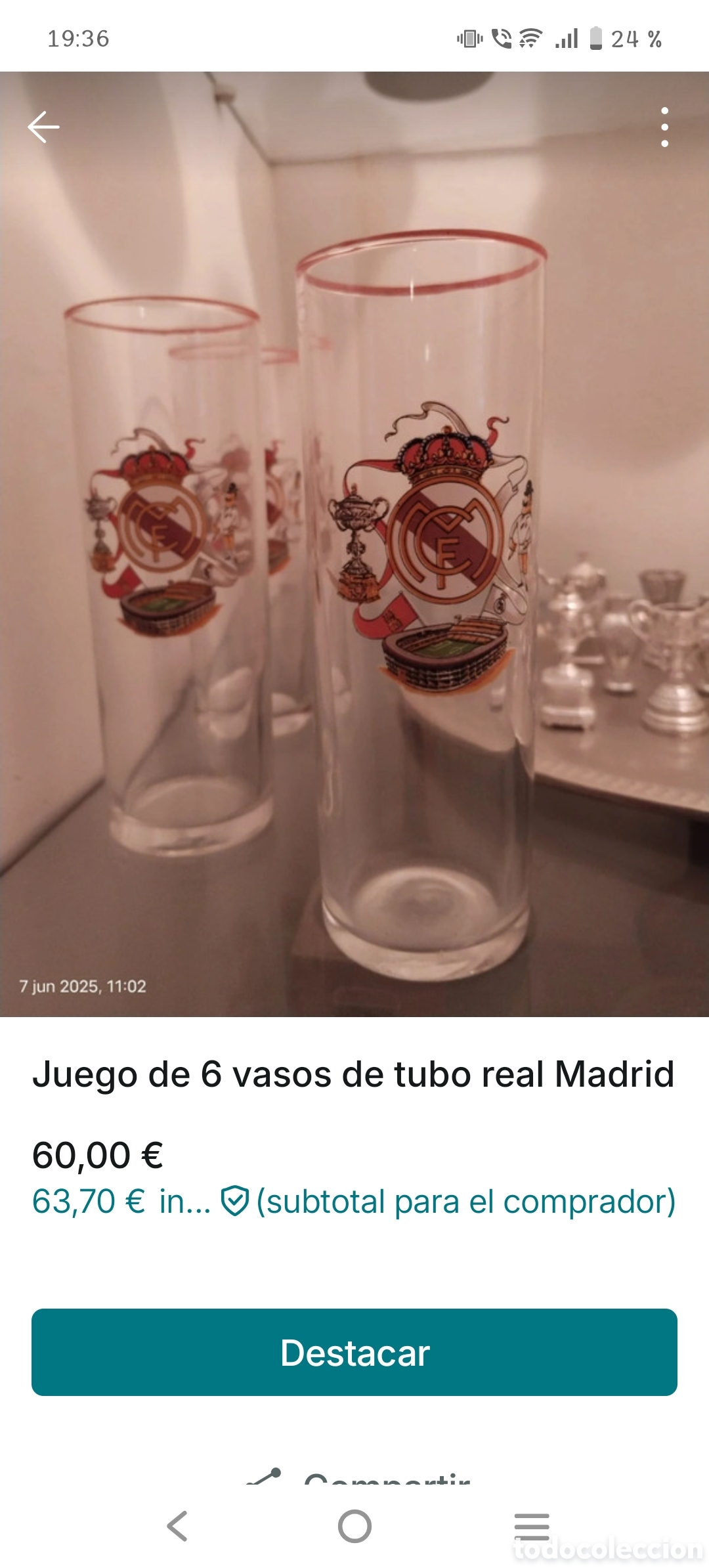 Coleccionismo: Juego de 6 vasos de tubo Real Madrid oficiales &ndash; Cristal &ndash; Vintage