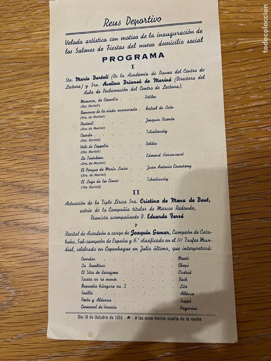 Collezionismo: Reus Deportivo programa inaguraci&oacute;n salones de fiesta nuevo domicilio social 1953