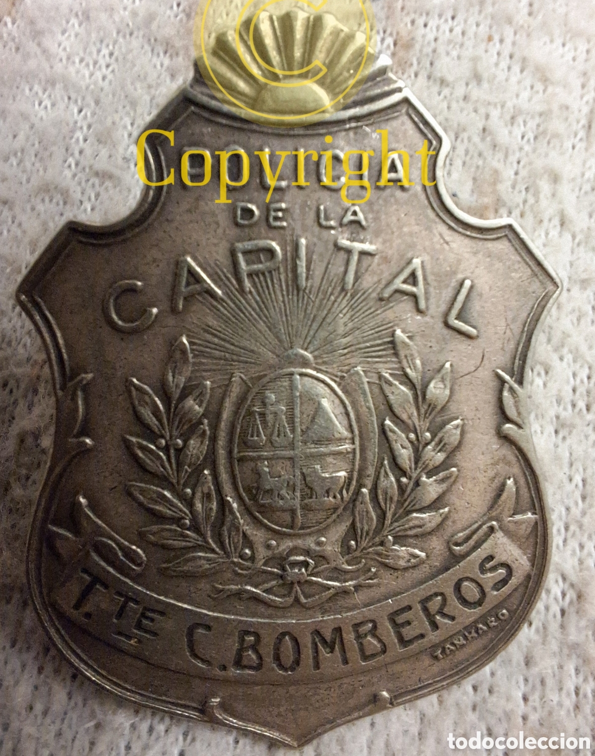 Coleccionismo: ANTIGUA PLACA DE ID DE TENIENTE DE BOMBEROS A&Ntilde;O 1903 DE MONTEVIDEO