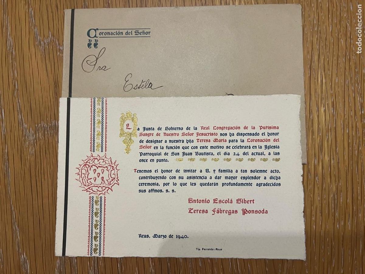 Collecting paper: Real Congregaci&oacute;n de la purisima Sangre Reus 1940