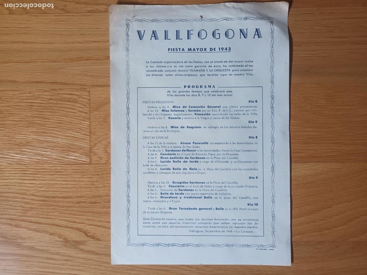 Coleccionismo: PROGRAMA FIESTA MAYOR VALLFOGONA, RIPOLLES. 1943. ORQUESTA VILAMA&Ntilde;A. PLAZA DEL CAUDILLO