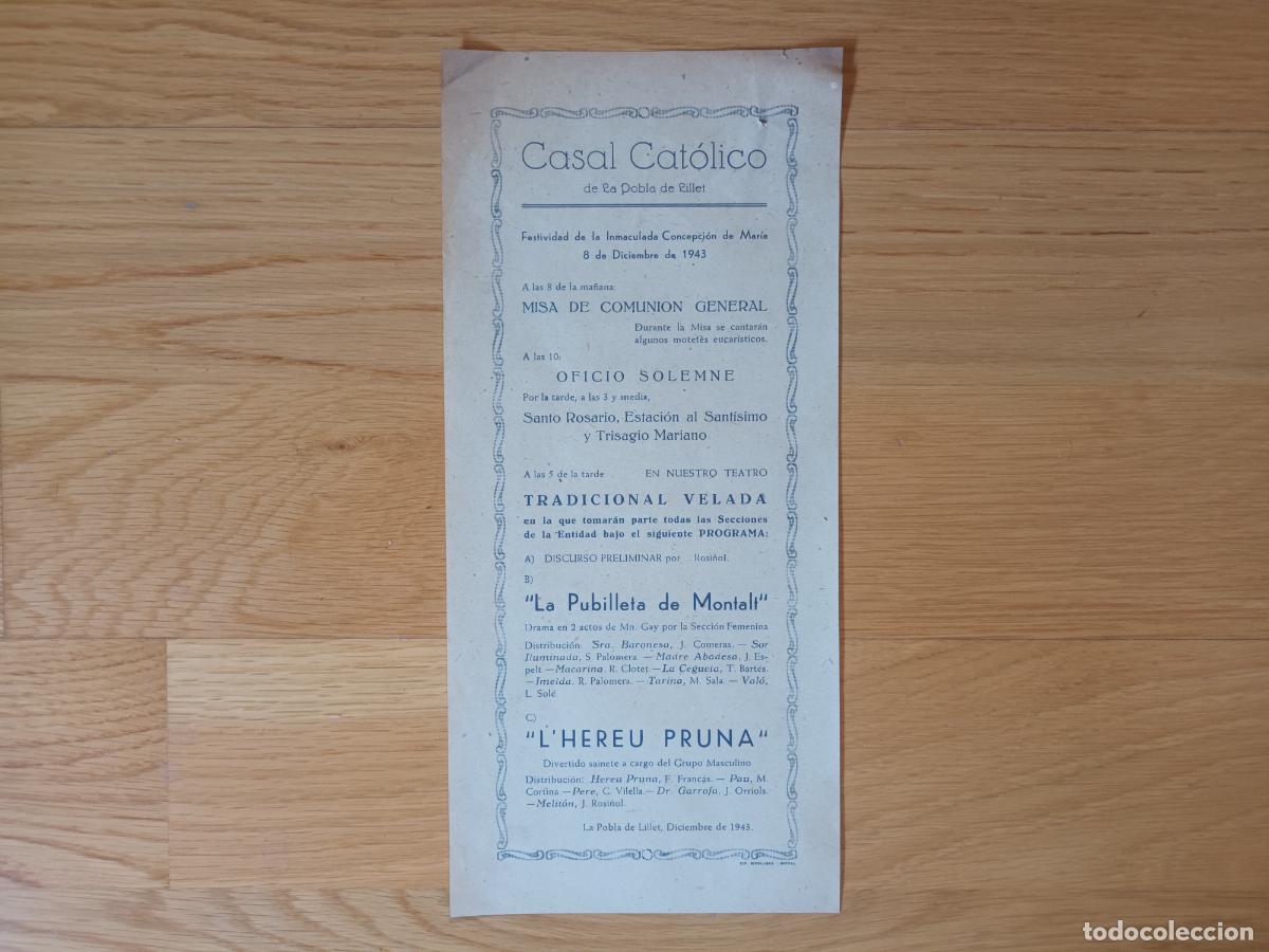 Collecting paper: CASAL CATOLICO LA POBLA DE LILLET. FESTIVIDAD IMMACULADA CONCEPCION. 1943. TEATRO