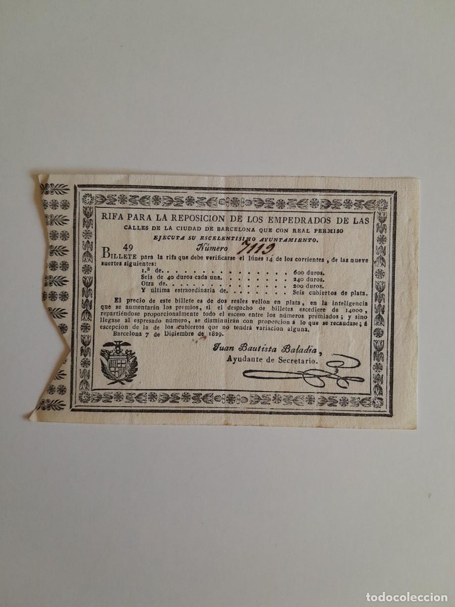 Coleccionismo: PARTICIPACI&Oacute;N RIFA PARA LA REPOSICI&Oacute;N DEL EMPEDRADO DE LAS CALLES DE BARCELONA (1829)