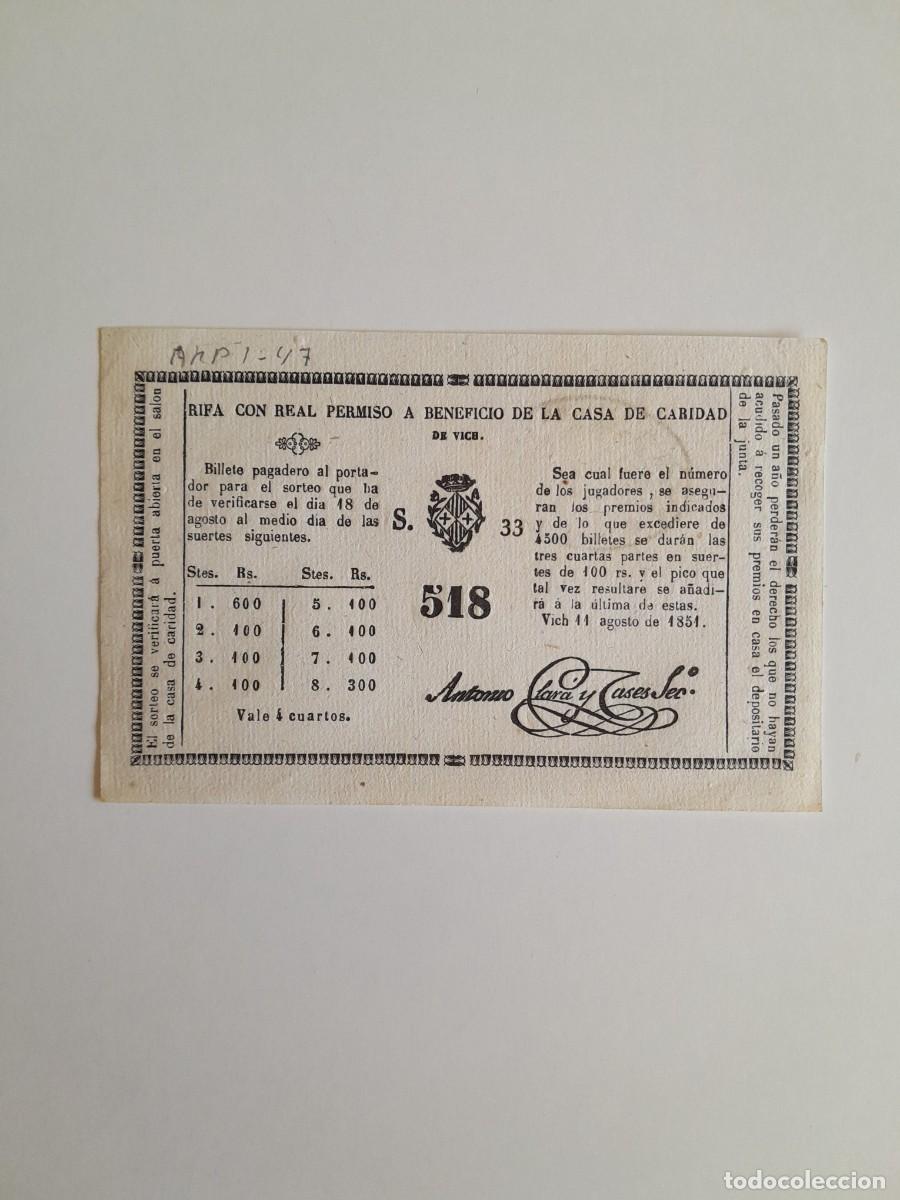 Coleccionismo: PARTICIPACI&Oacute;N RIFA EN BENEFICIO DE LA CASA DE CARIDAD (VIC, 1851)