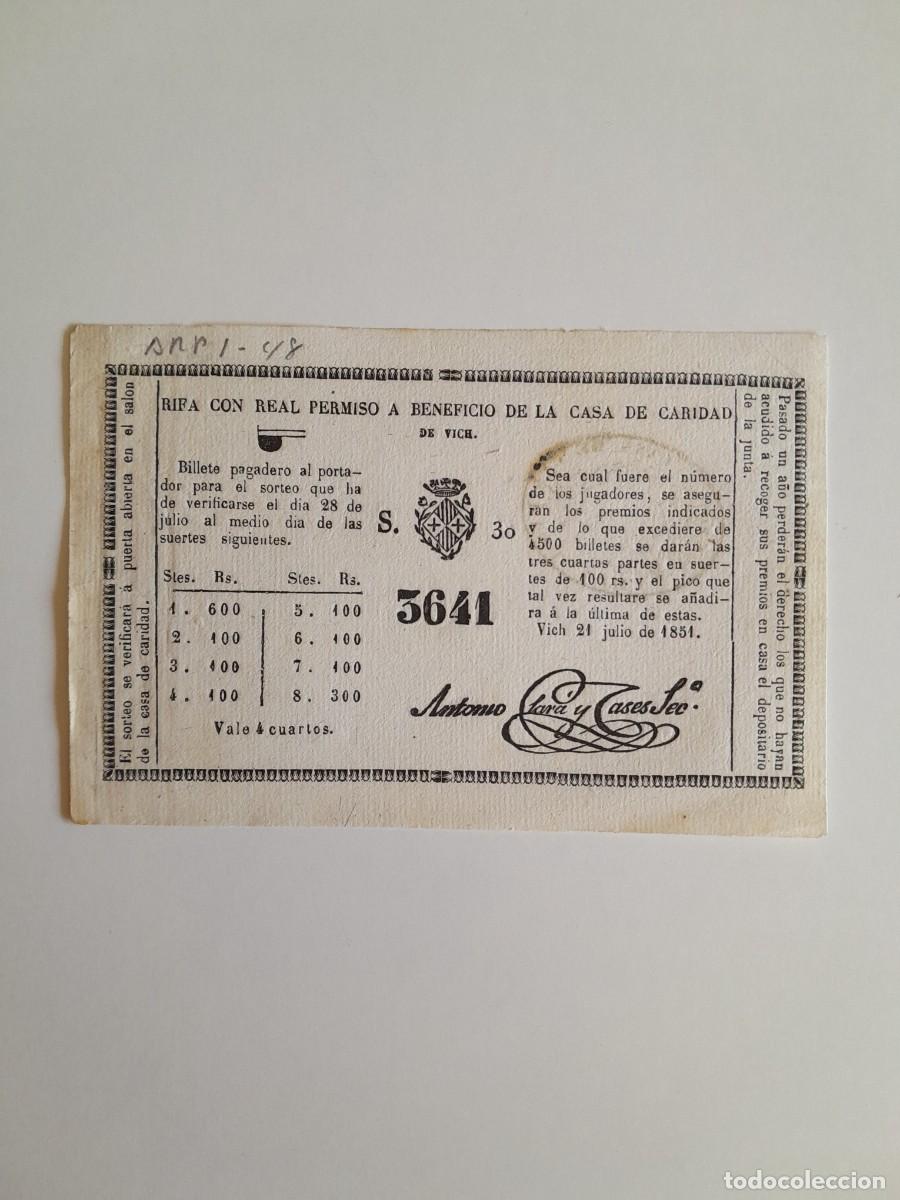 Coleccionismo: PARTICIPACI&Oacute;N RIFA EN BENEFICIO DE LA CASA DE CARIDAD (VIC, 1851)