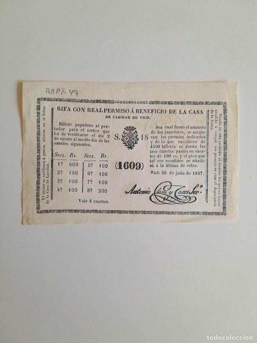 Coleccionismo: PARTICIPACI&Oacute;N RIFA EN BENEFICIO DE LA CASA DE CARIDAD (VIC, 1847)