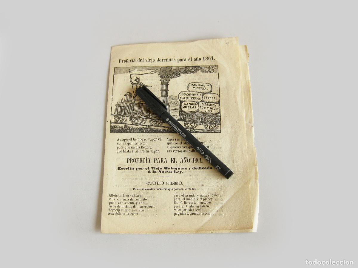 Collectionnisme: PLIEGO DE CORDEL CON LA PROFEC&Iacute;A DEL VIEJO JEREMIAS PARA EL A&Ntilde;O 1861. FERROCARRIL. BARCELONA