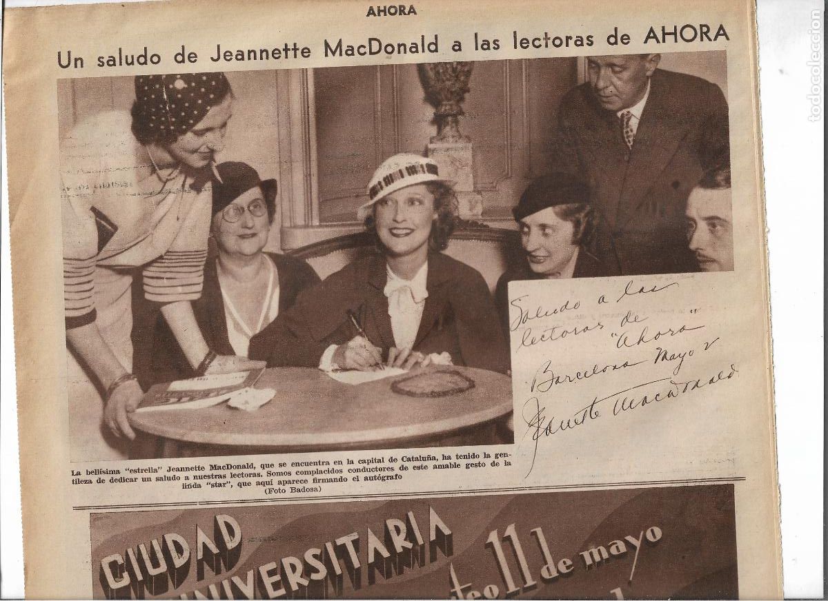 Coleccionismo: 1933 RECORTE PRENSA ACTRIZ JEANNETTE MACDONALD EN BARCELONA SALUDO AUTOGRAFO LECTORAS DIARIO AHORA