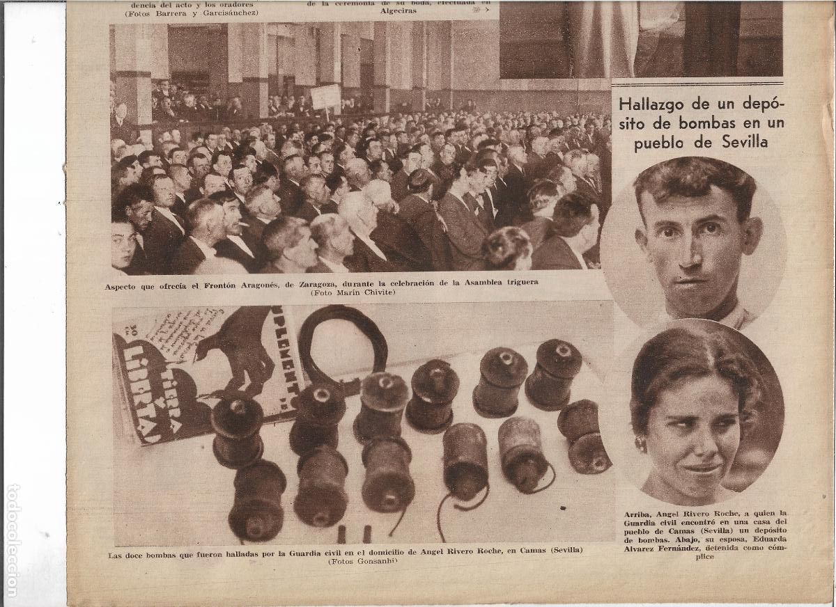 Coleccionismo: A&Ntilde;O 1933 RECORTE PRENSA HALLAZGO BOMBAS DOMICILIO DE ANGEL RIVERO ROCHE EN CAMAS SEVILLA