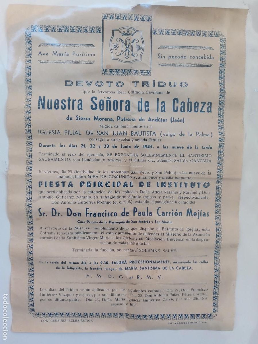 Coleccionismo: DEVOTO TRIDUO A NUESTRA SE&Ntilde;ORA DE LA CABEZA POR F.P. CARRION MEJIAS . SEVILLA 1945