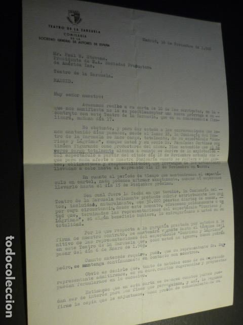 Collectionnisme: MUSICAL SONRISAS Y LAGRIMAS TEATRO DE LA ZARZUELA MADRID 1968 CARTA SOCIEDAD GENERAL DE AUTORES