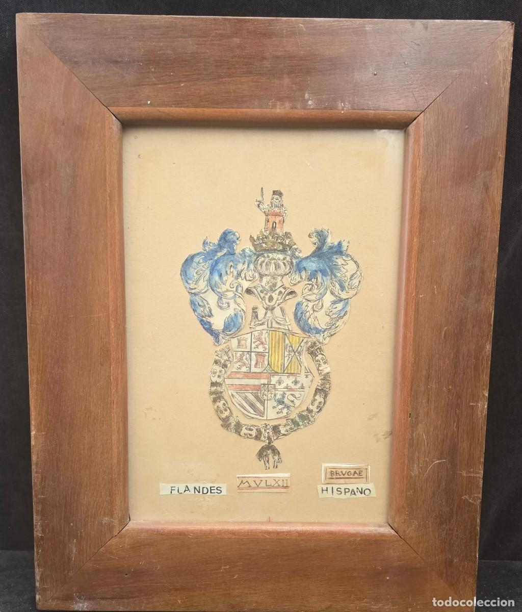 Coleccionismo: Escudo Her&aacute;ldico Flamenco Hispano Brujas (Brugae) Siglo XVII &ndash; L&aacute;mina Coloreada Enmarcada &ndash; 39x33 cm