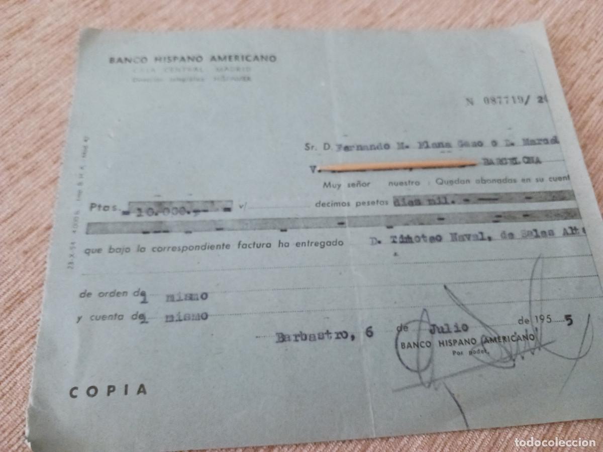 Coleccionismo: banco hispano americano, deposito en cuenta de 10,000 pesetas en 1955