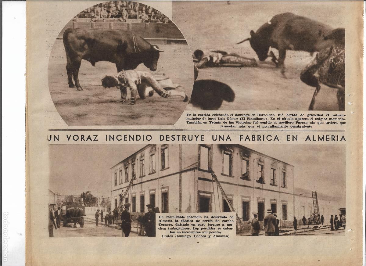 Coleccionismo: A&Ntilde;O 1933 RECORTE PRENSA INCENDIO DESTRUCCION FABRICA SERRIN DE CORCHO TORNERO EN ALMERIA BOMBEROS