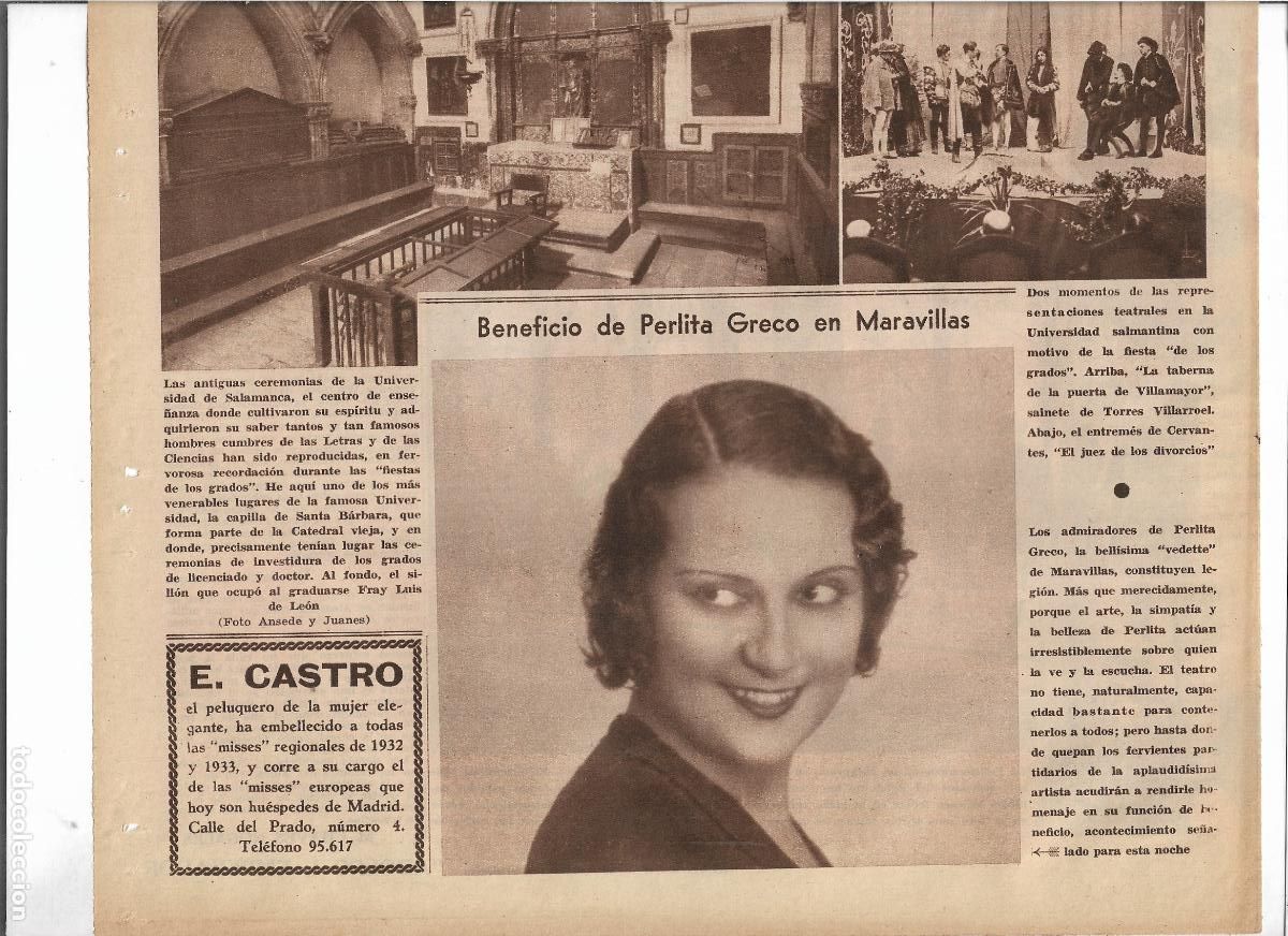 Coleccionismo: A&Ntilde;O 1933 RECORTE PRENSA BENEFICIO ACTRIZ ARTISTA PERLITA GRECO EN EL TEATRO MARAVILLAS
