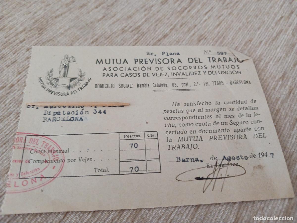Coleccionismo: cuota de la mutua previsora del trabajo, barcelona 1947