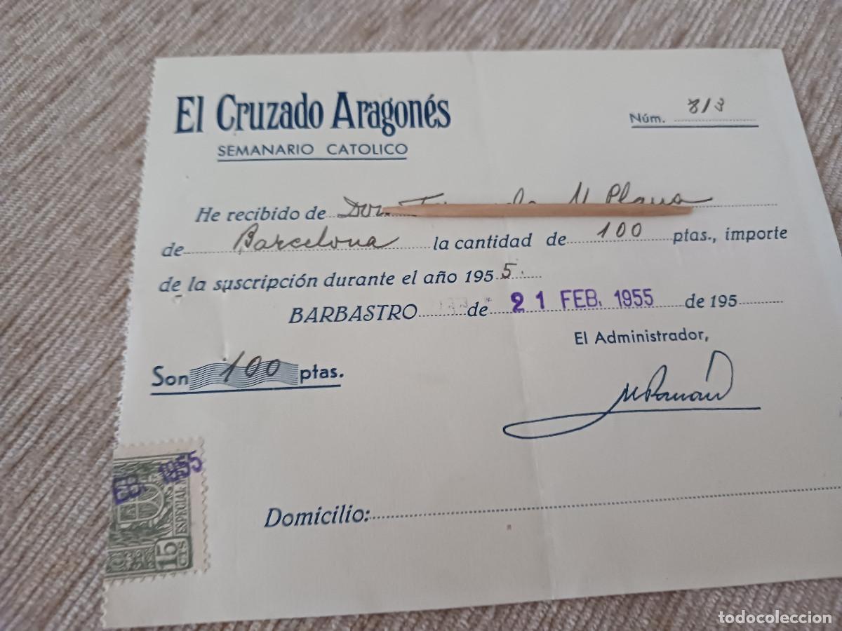 Coleccionismo: suscrispcion al semanario catolico, el cruzado aragones, barbastro 1955