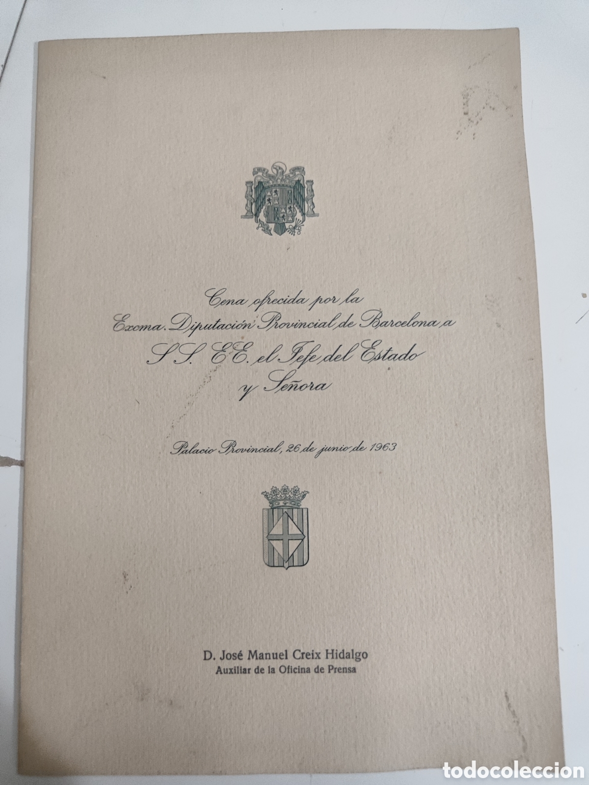 Coleccionismo: Men&uacute; ofrecido a Francisco Franco en Barcelona 1963
