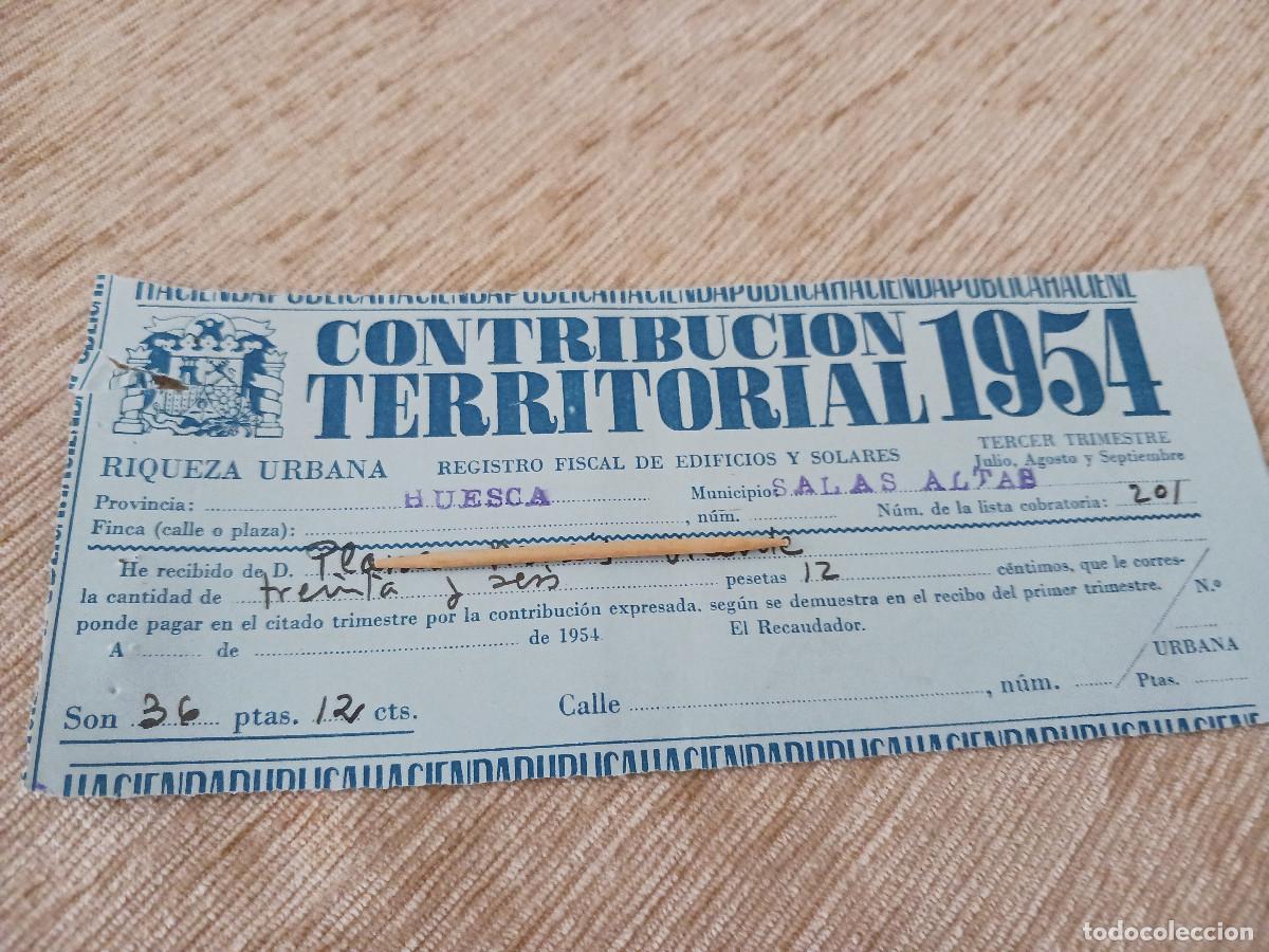 Coleccionismo: contribucion territorial riqueza urbana, 1954, municipio salas altas