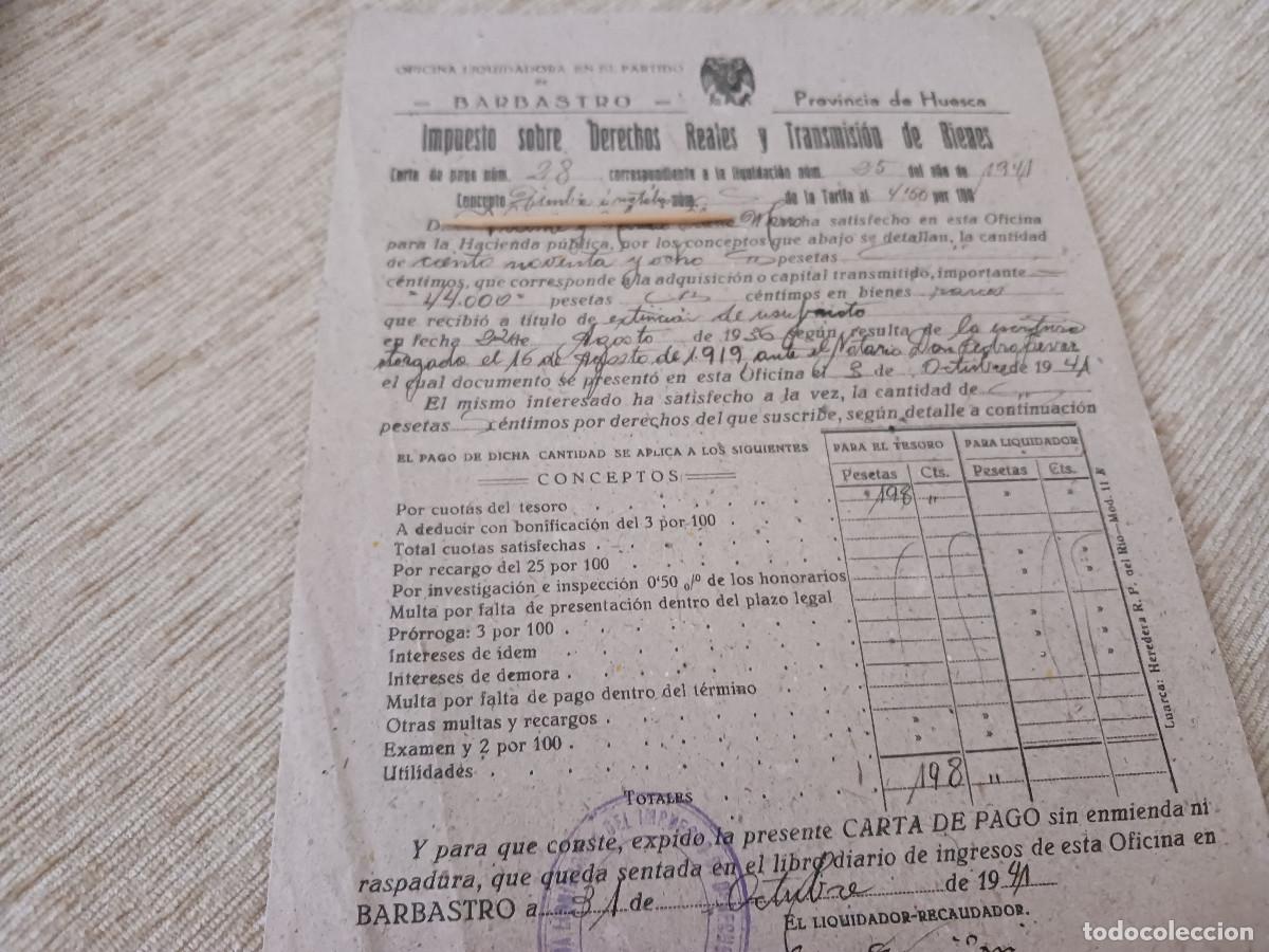 Coleccionismo: barbastro, impuesto sobre derechos reales y tansmision de bienes, carta de pago 1941