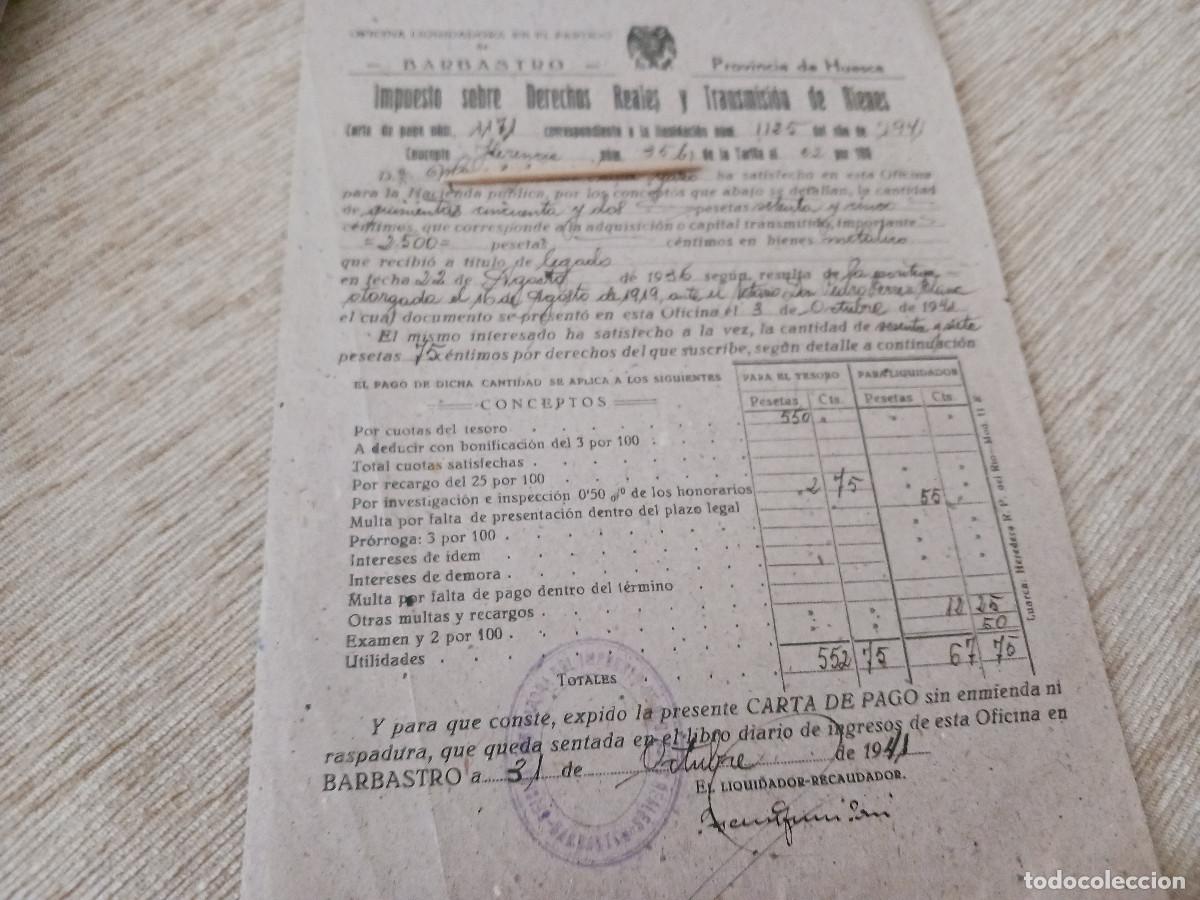 Coleccionismo: barbastro, impuesto sobre derechos reales y tansmision de bienes, carta de pago 1941