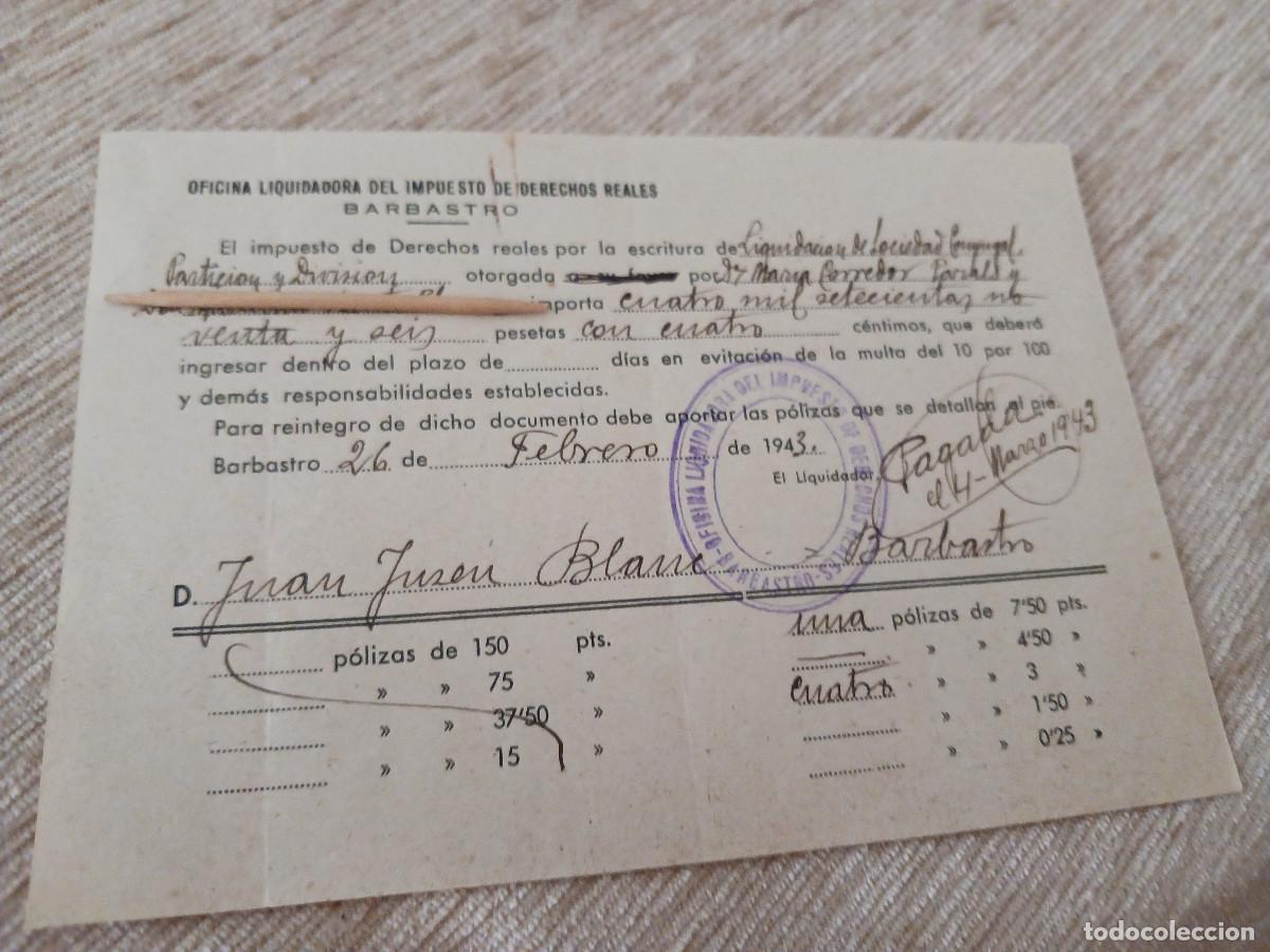 Coleccionismo: barbastro, oficina liquidadora del impuesto de derechos reales 1943