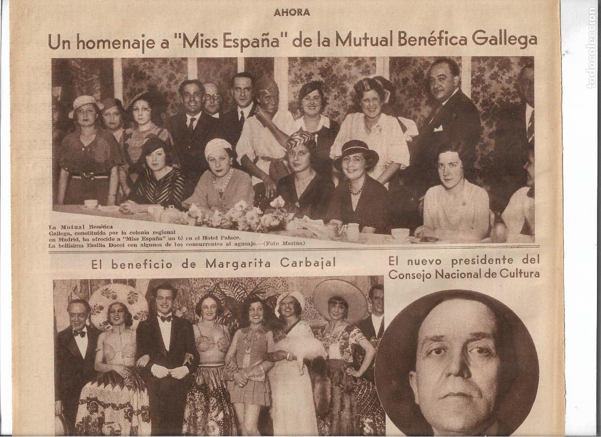 Coleccionismo: A&Ntilde;O 1933 RECORTE PRENSA HOMENAJE EMILIA DOCET MISS ESPA&Ntilde;A DE LA MUTUAL BENEFICA GALLEGA HOTEL PALACE