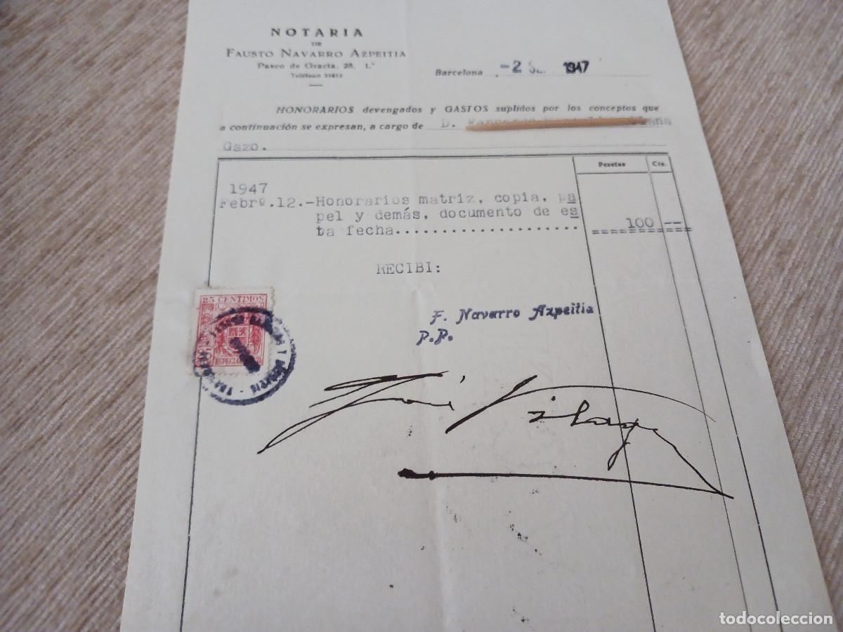 Coleccionismo: factura notario de barcelona, 1947, papel oficial marca de agua la gelidense