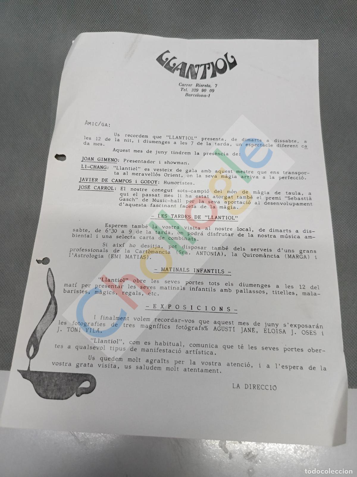 Coleccionismo: Carta Llantiol Caf&eacute; Teatro de Barcelona anunciando a Pepe Carrol Li Chang Joan Gimeno y Javier de Ca