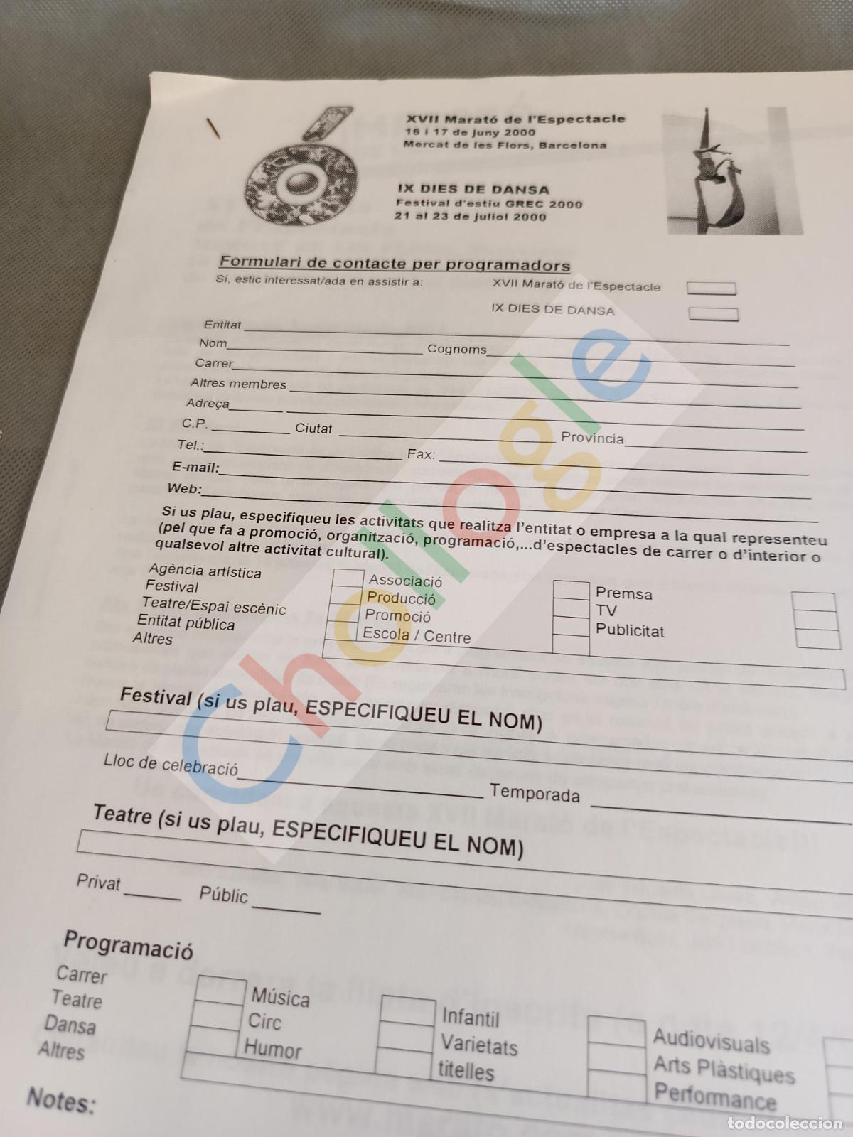 Coleccionismo: Marat&oacute; de l'Espectacle Dies de Dansa Mercat de les Flors Grec Formulari carta llista inscrits