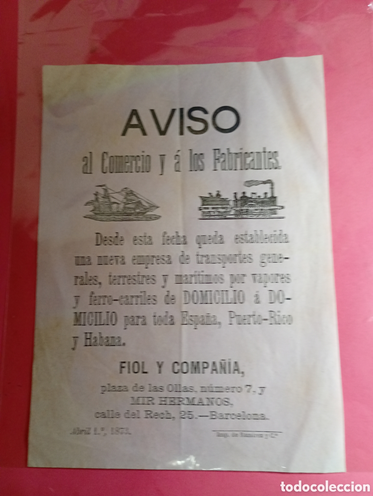 Coleccionismo: panfleto fiol y compa&ntilde;&iacute;a establecimiento empresa transportes vapores y ferrocarril Espa&ntilde;a y Habana
