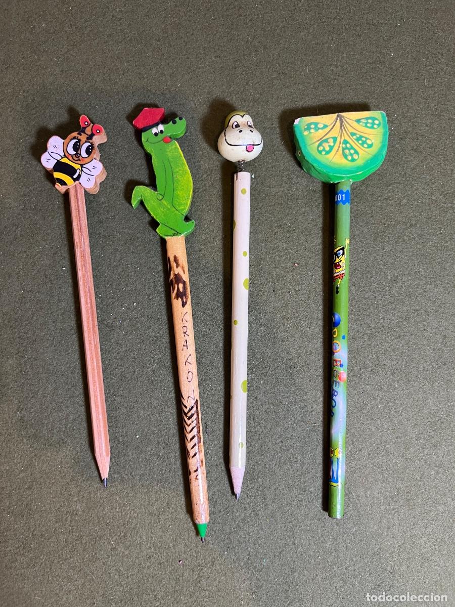 Coleccionismo: Lote de 4 l&aacute;pices decorativos vintage Bob Esponja, Drag&oacute;n de Cracovia, Abeja e Hipop&oacute;tamo de madera