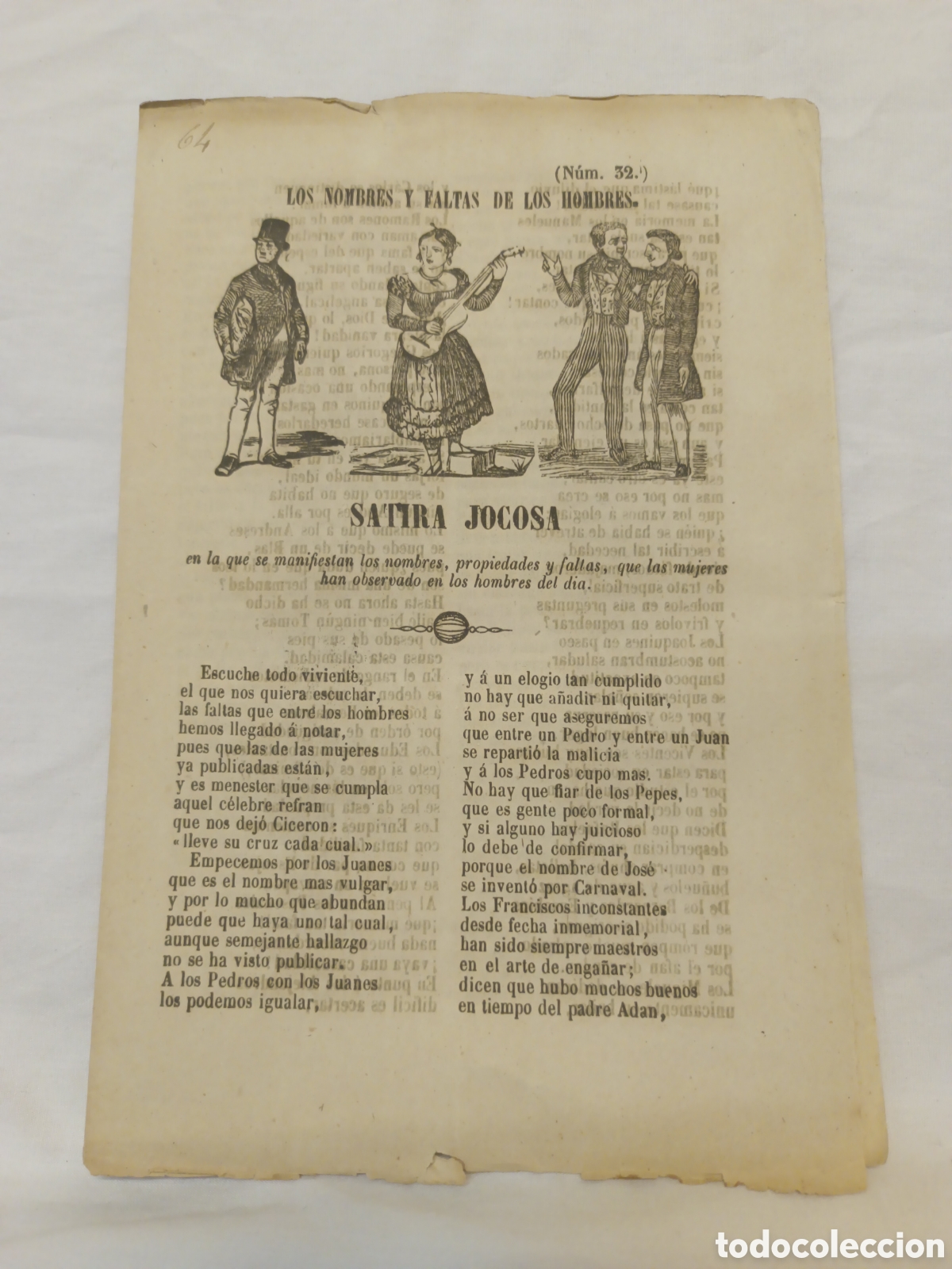 Coleccionismo: PLIEGO DE CORDEL - LOS NOMBRES Y FALTAS DE LOS HOMBRES - SATIRA JOCOSA - A&Ntilde;O 1866 - 15 X 22 CM