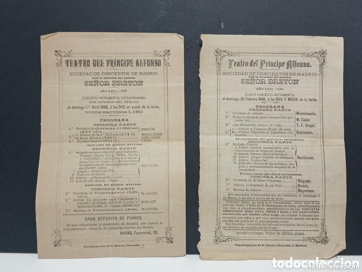 Coleccionismo: TEATRO DEL PR&Iacute;NCIPE ALFONSO. SOCIEDAD DE CONCIERTOS DE MADRID 1888. SE&Ntilde;OR BRET&Oacute;N. PROGRAMA CONCIERTO